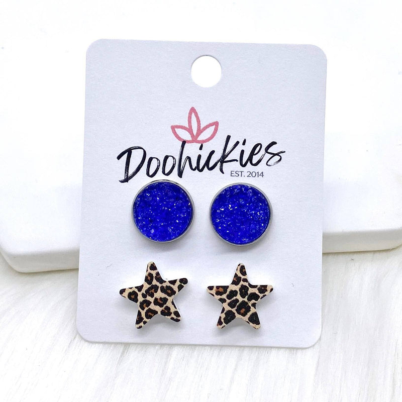Patriotic Sparkles and Leopard Star Stud Earrings