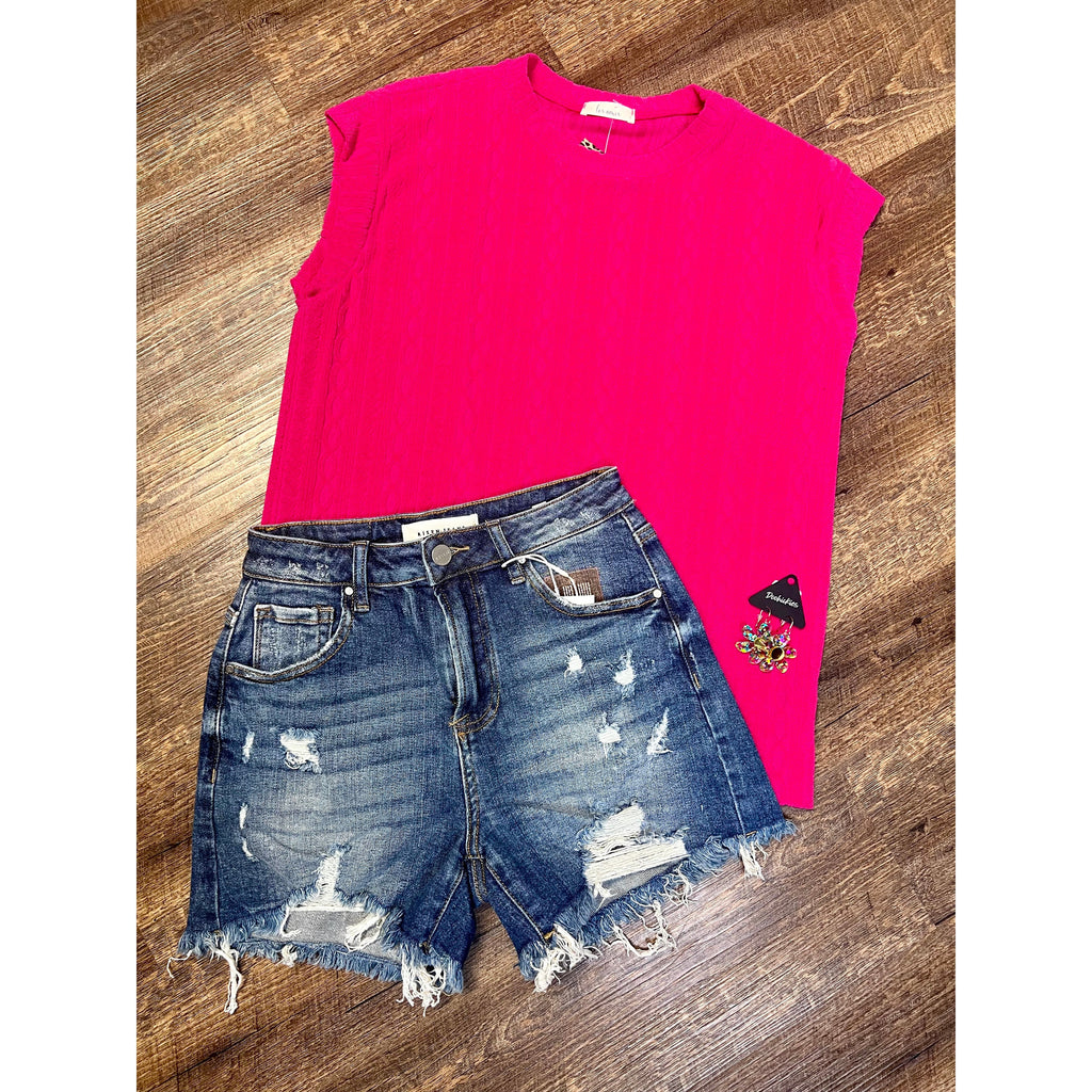 Fuchsia Cable Knit Short Sleeve Top