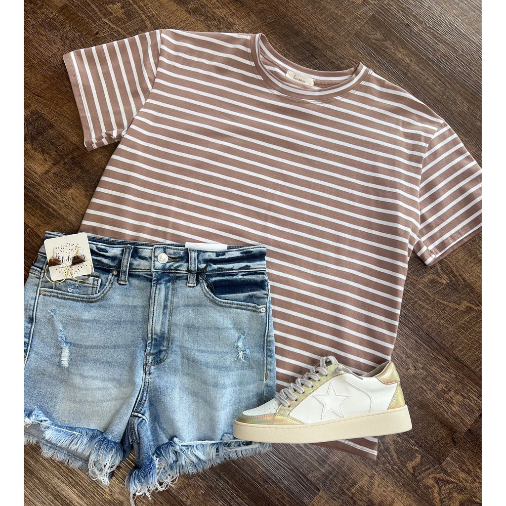 Taupe and White Striped Casual Top