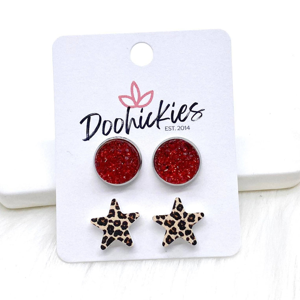 Patriotic Sparkles and Leopard Star Stud Earrings