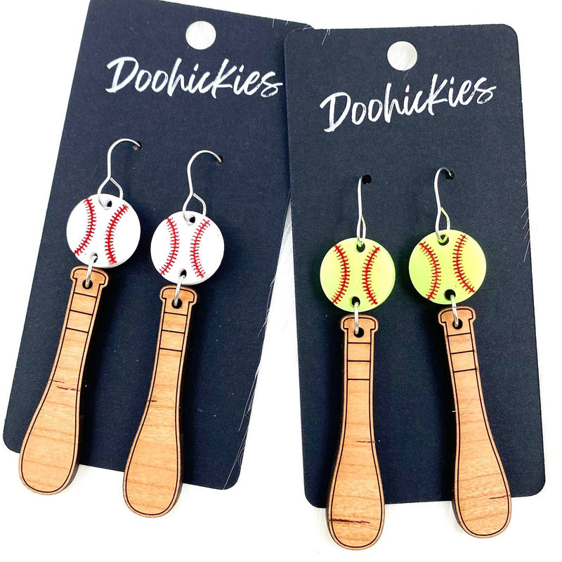 3" Bat & Ball Dangle Earrings (Softball or Baseball)