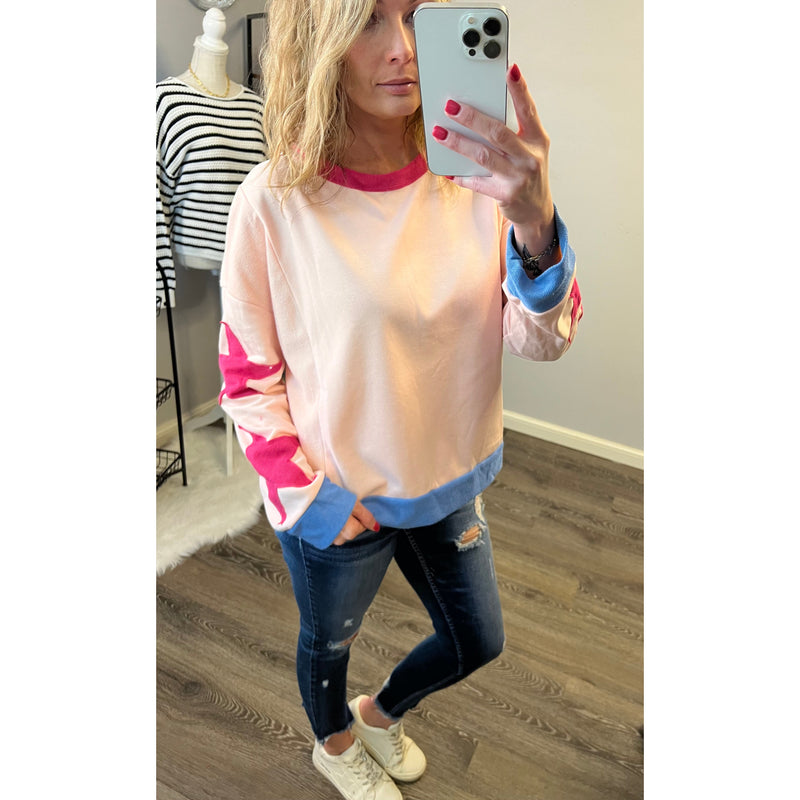 Star Sleeve Fall Top S-XL (Tan or Pink)