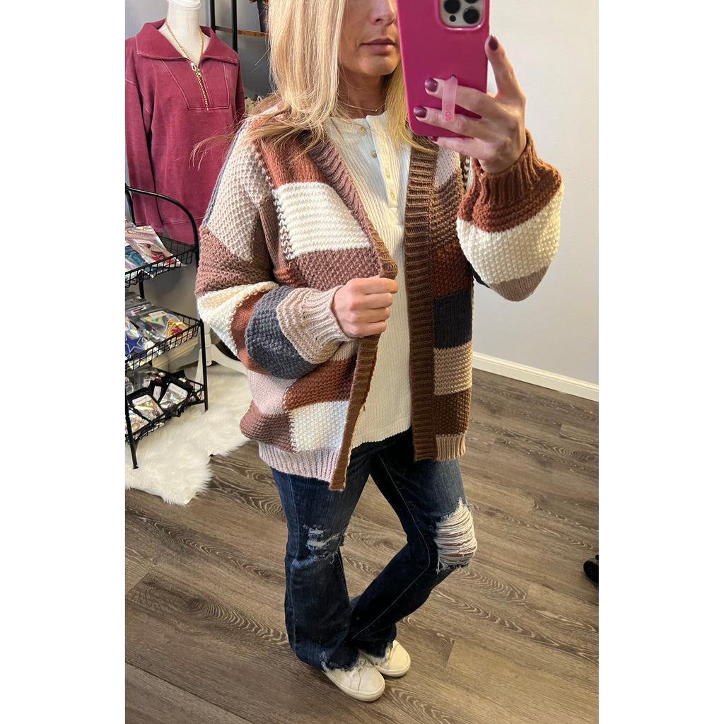 Mocha Color Block Chunky Knit Sweater Cardigan (S-XL)