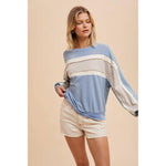 Dusty Blue Color Block Striped Lightweight Sweatshirt