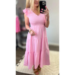 Flutter Sleeve Midi Dress in Pink
