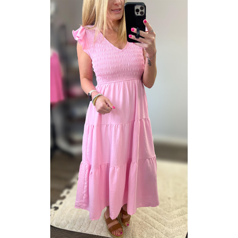 Flutter Sleeve Midi Dress in Pink