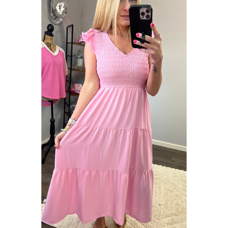 Flutter Sleeve Midi Dress in Pink