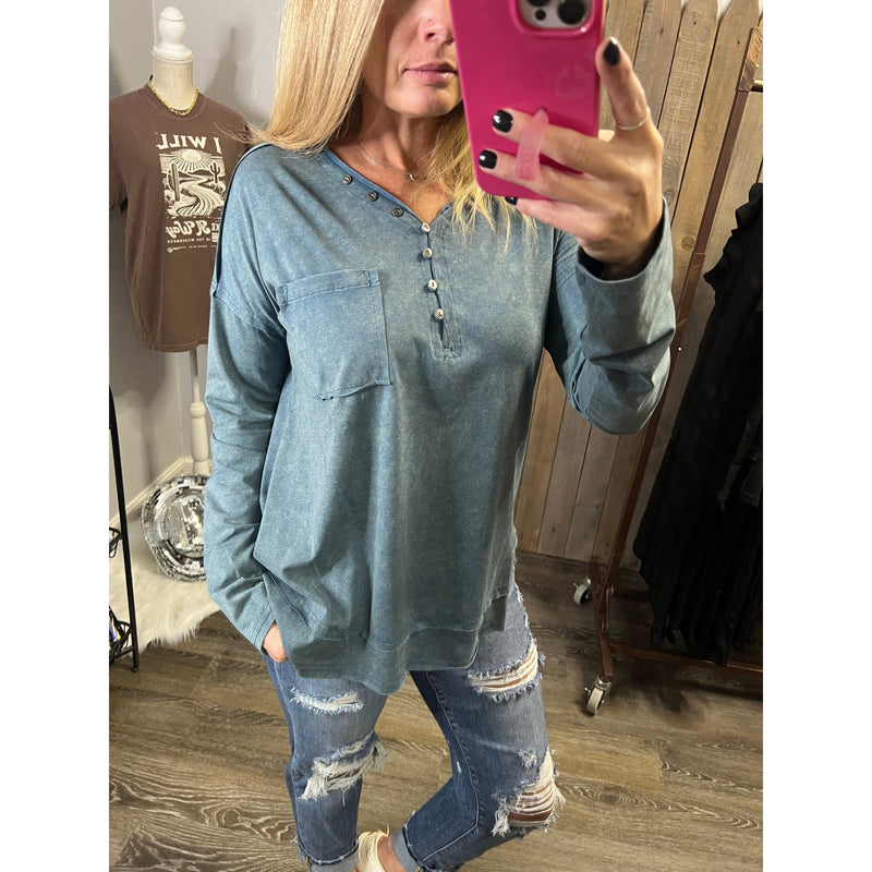 Mineral Washed Denim Blue Long Sleeve Top