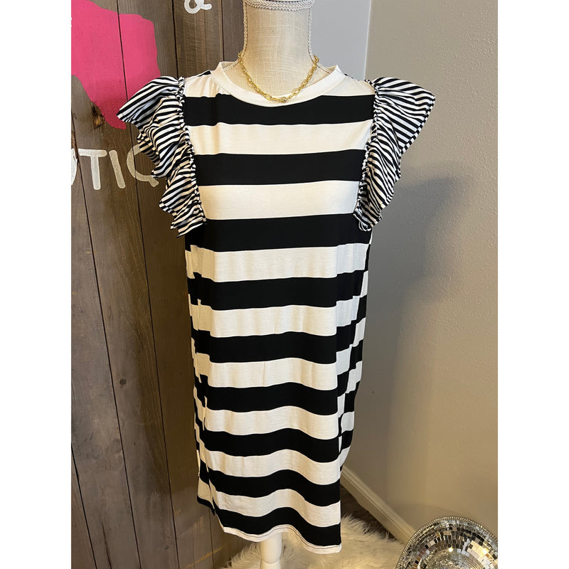 Black and White Striped Ruffled Sleeve Dress