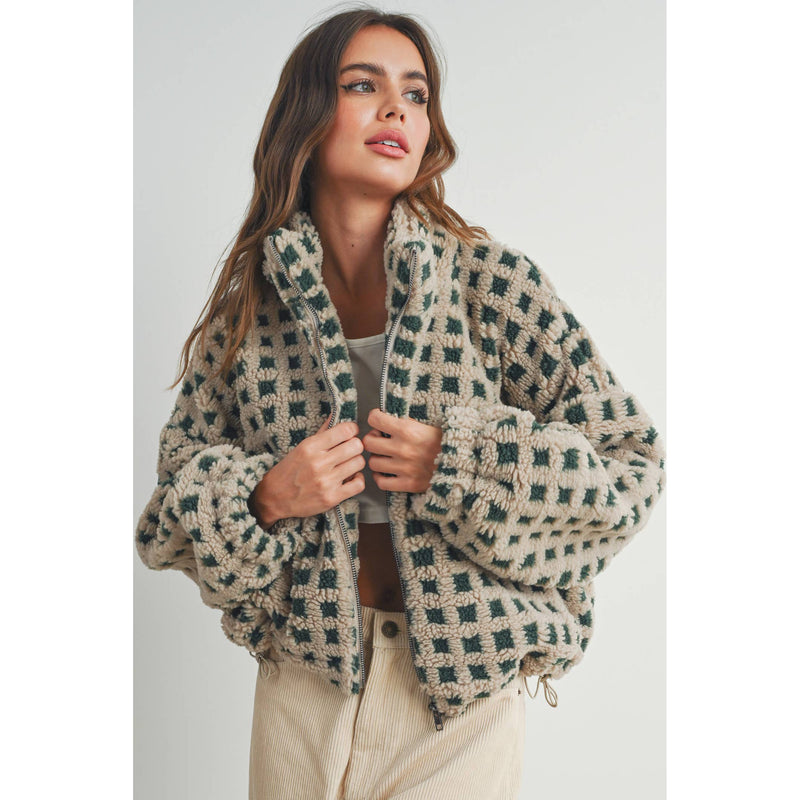 Taupe Checkered Fuzzy Sherpa Jacket