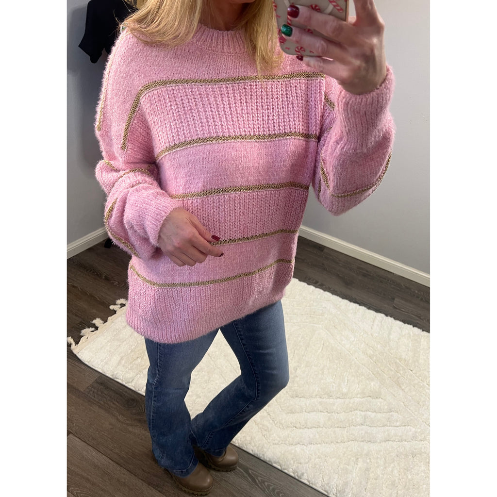 Gold Metallic Striped Soft Pink Oversized Sweater