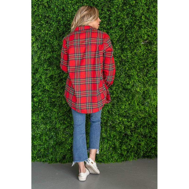 Red Ribbon Plaid Button Down Flannel