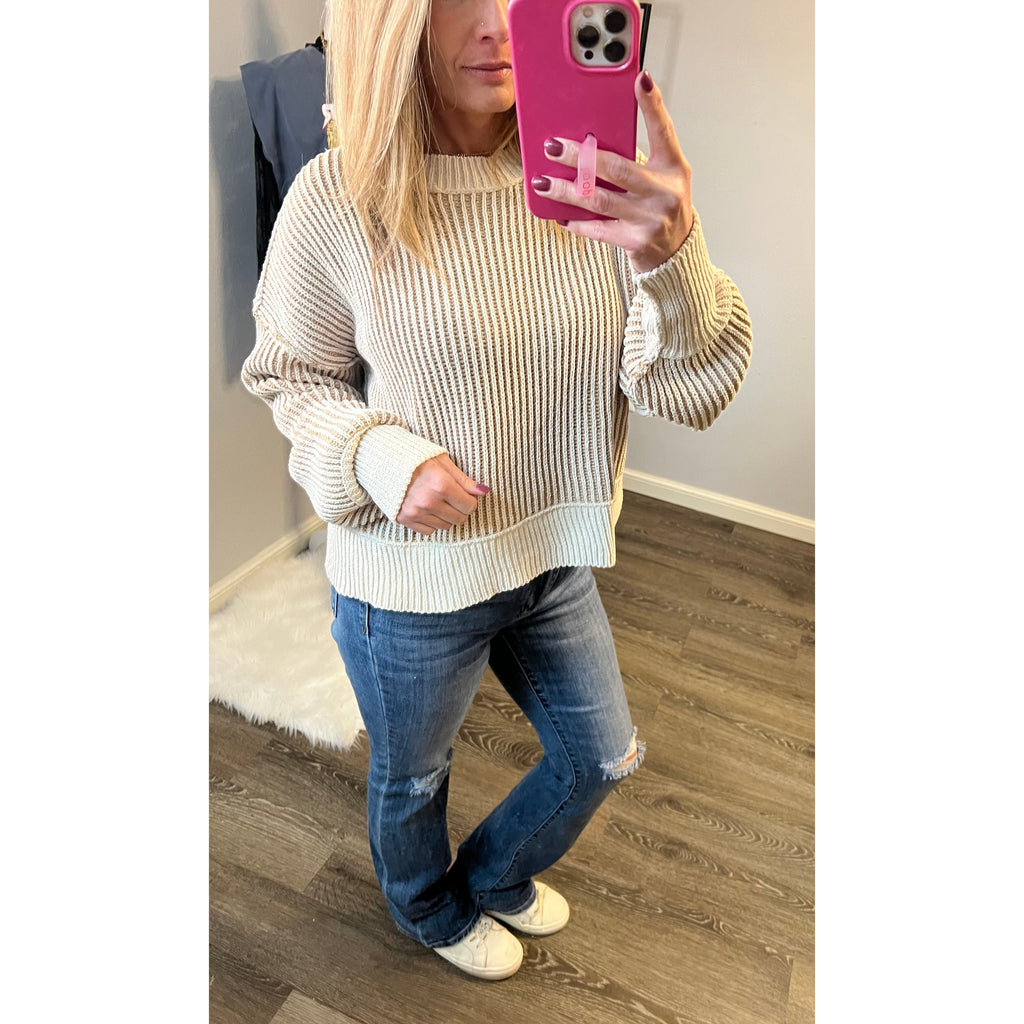 Two Tone Taupe Ribbed Sweater