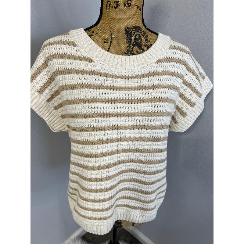 Khaki Striped Short Sleeve Knit Sweater