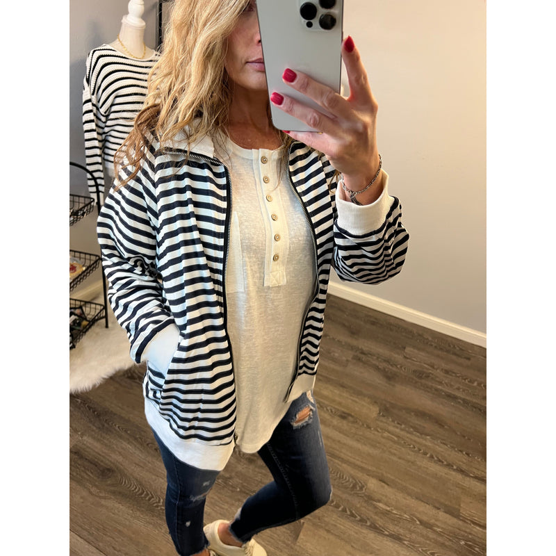 Navy and White Striped Casual Jacket (S-XL)