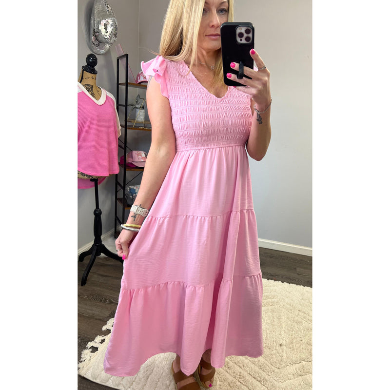 Flutter Sleeve Midi Dress in Pink
