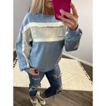 Dusty Blue Color Block Striped Lightweight Sweatshirt