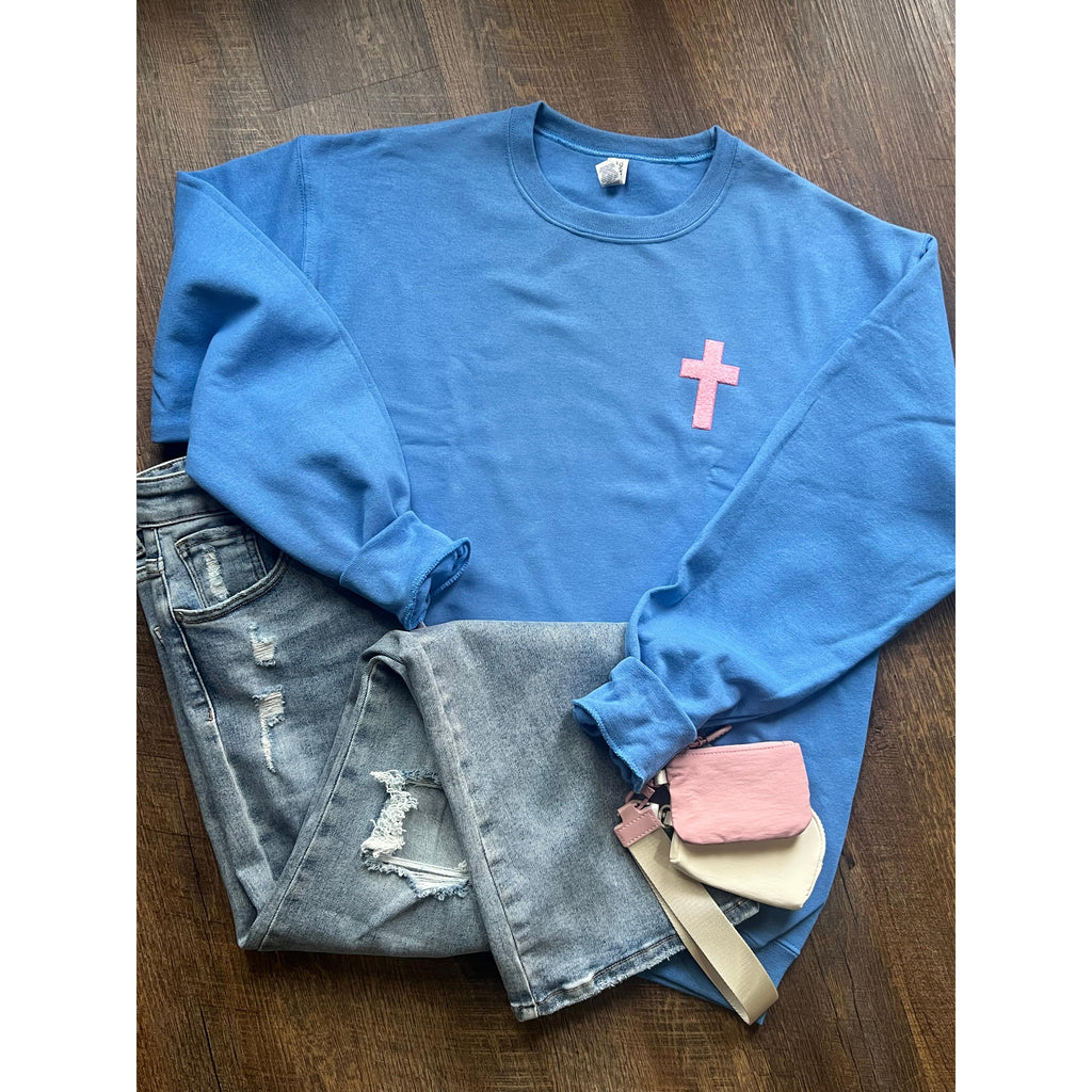 Pink Chenille Patch Cross Sweatshirt (Small to 2XL)