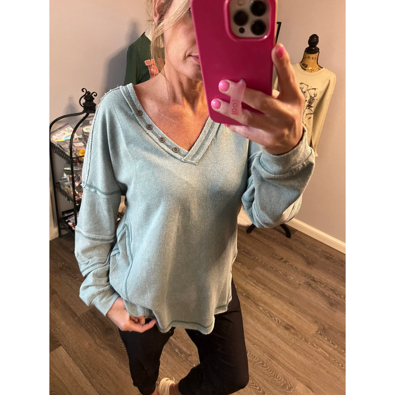 Mineral Wash Sage Oversized Henley Top