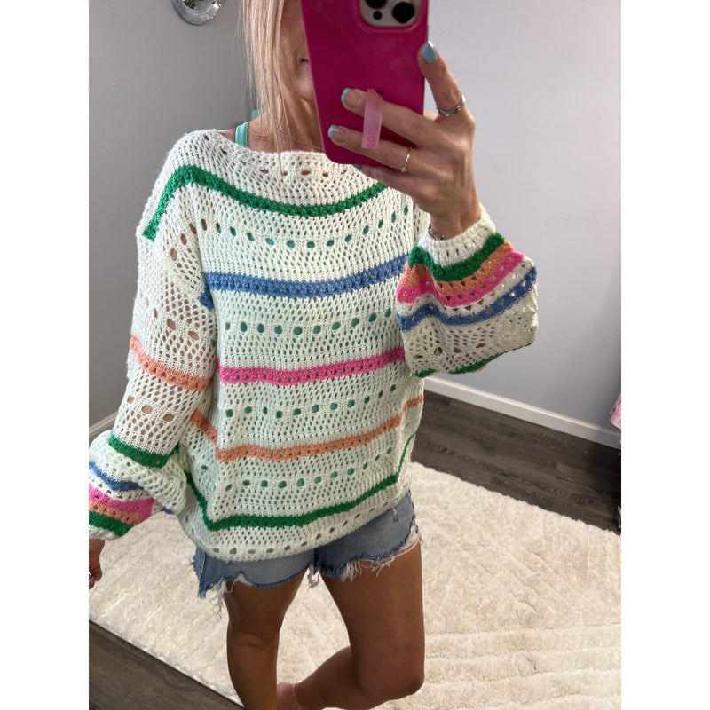 Multi Color Striped Open Knit Spring Sweater