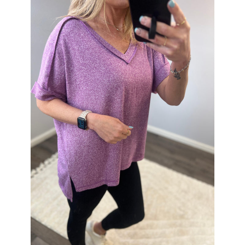 Light Plum Soft Hacci V Neck Top (S-XL)