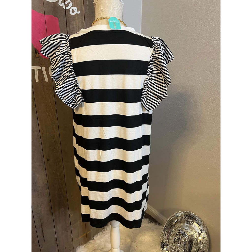 Black and White Striped Ruffled Sleeve Dress