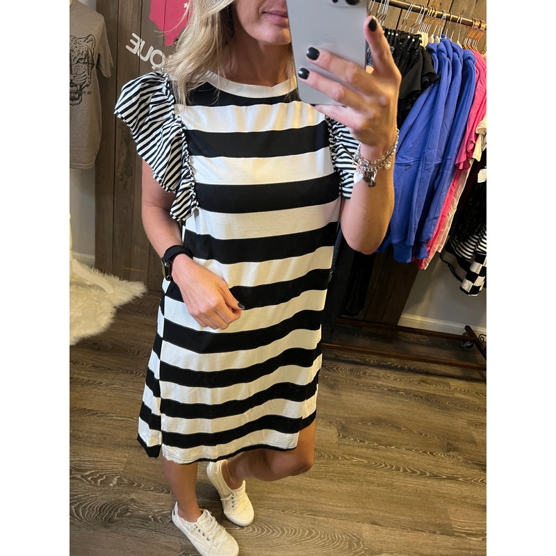 Black and White Striped Ruffled Sleeve Dress