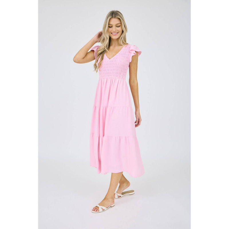 Flutter Sleeve Midi Dress in Pink