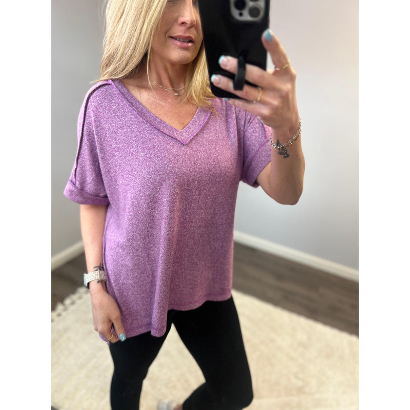 Light Plum Soft Hacci V Neck Top (S-XL)