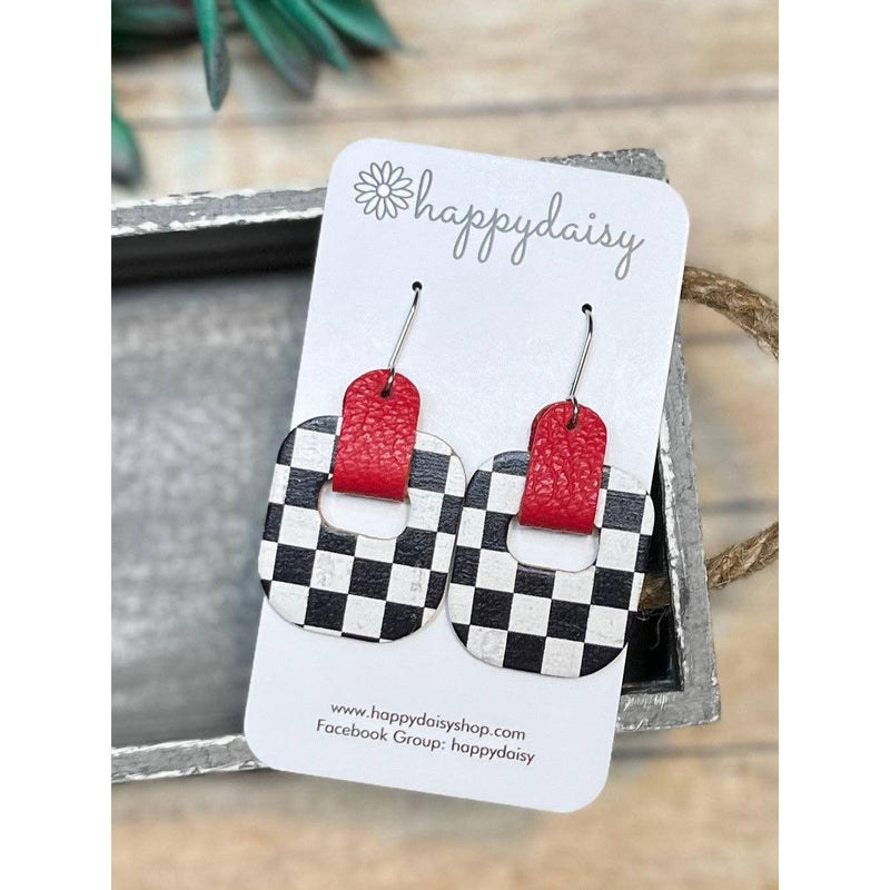 Black and White Checked Earrings with Red