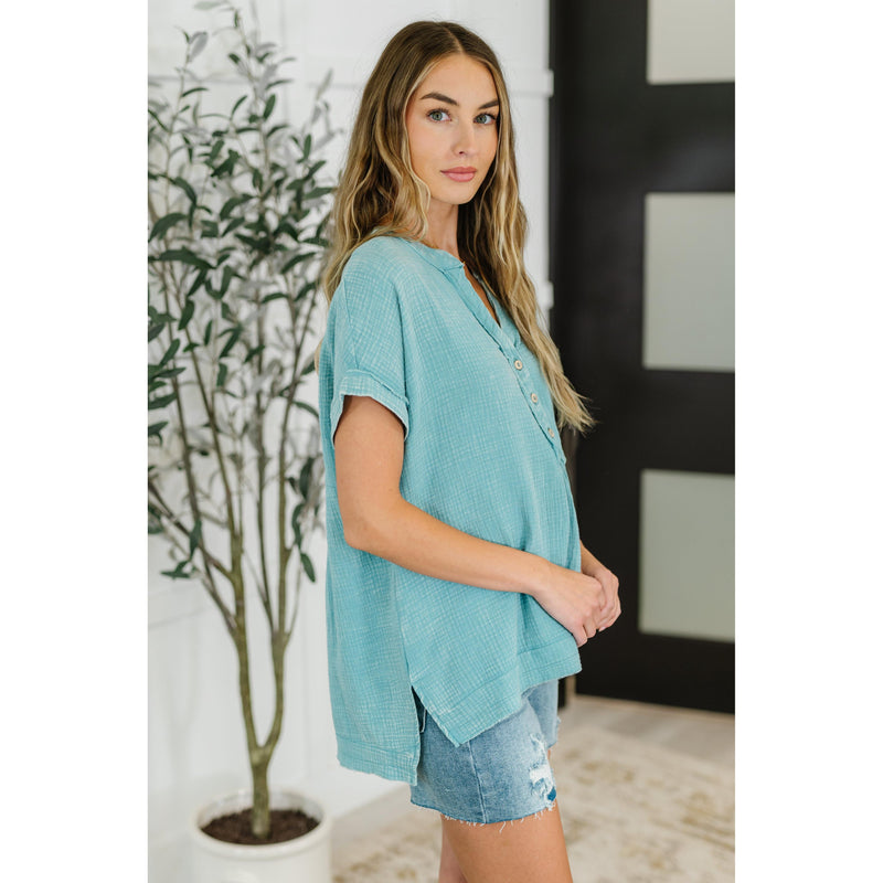 Basic Fade V-Neck Acid Wash Top in Dusty Teal (S-3XL)