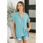 Basic Fade V-Neck Acid Wash Top in Dusty Teal (S-3XL)