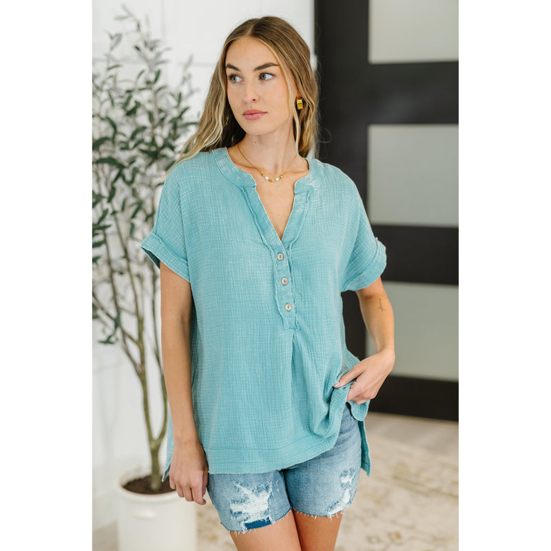 Basic Fade V-Neck Acid Wash Top in Dusty Teal (S-3XL)