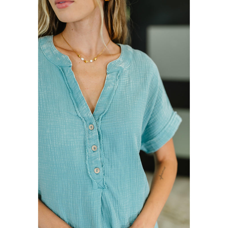Basic Fade V-Neck Acid Wash Top in Dusty Teal (S-3XL)