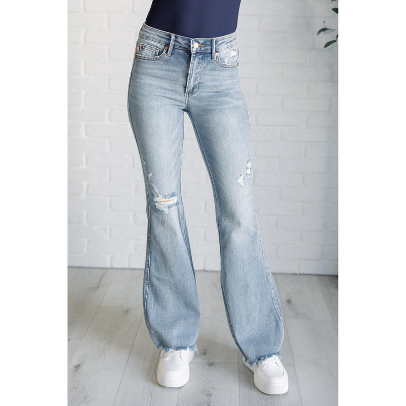 Judy Blue Caroline Mid Rise Control Top Distressed Flare Jeans