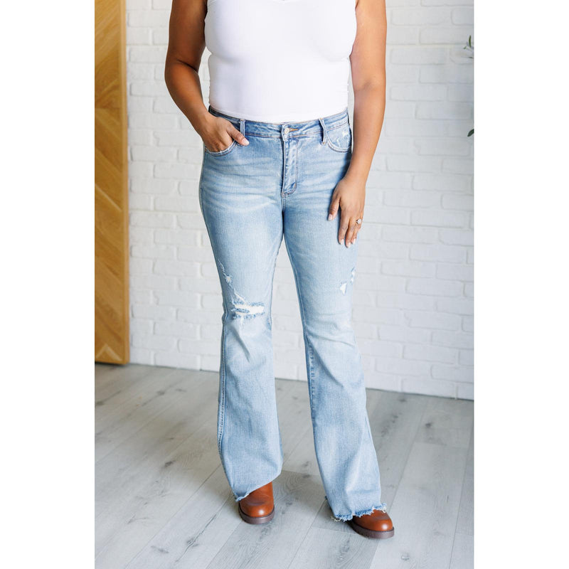 Judy Blue Caroline Mid Rise Control Top Distressed Flare Jeans