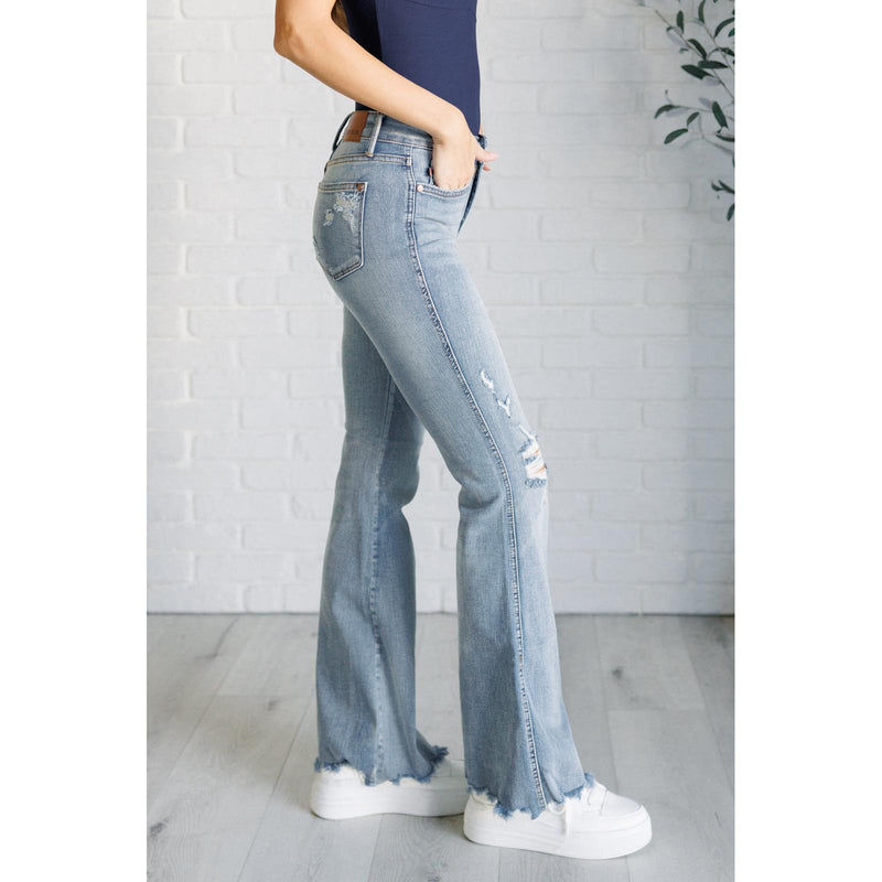 Judy Blue Caroline Mid Rise Control Top Distressed Flare Jeans