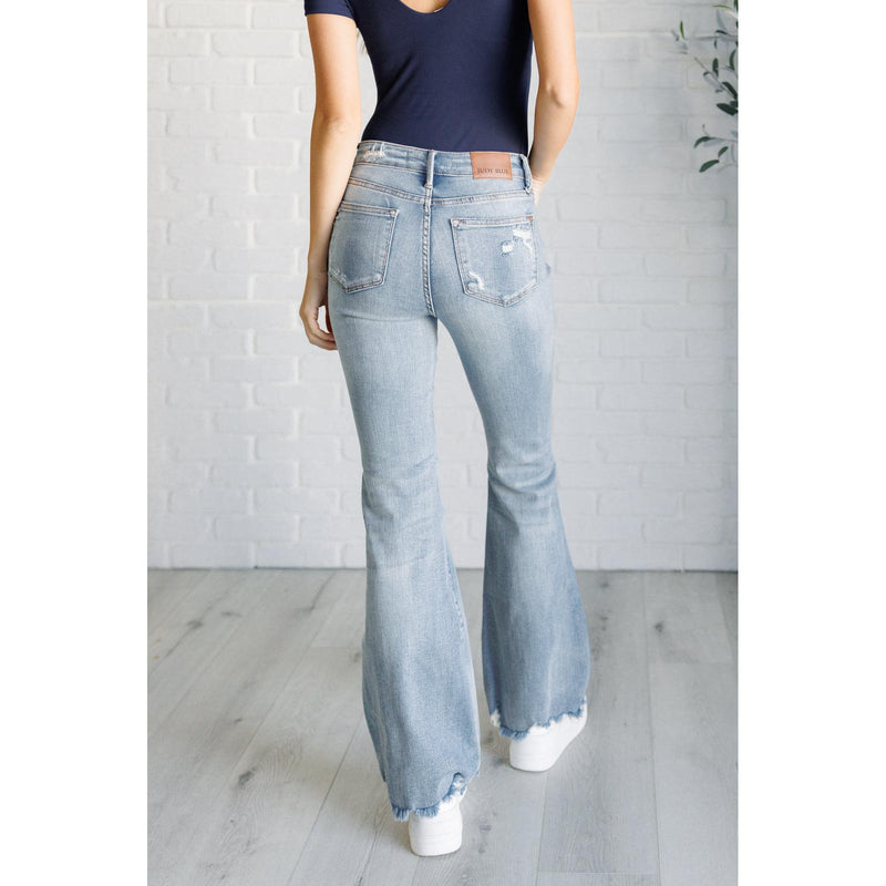 Judy Blue Caroline Mid Rise Control Top Distressed Flare Jeans