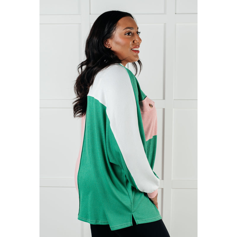 Chip Off the Old Colorblock V-Neck Henley in Green (S-XL)