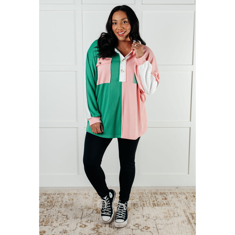 Chip Off the Old Colorblock V-Neck Henley in Green (S-XL)