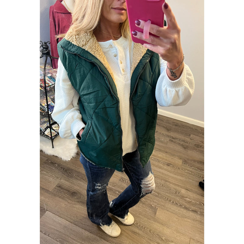 Hunter Green Sherpa Puffer Vest