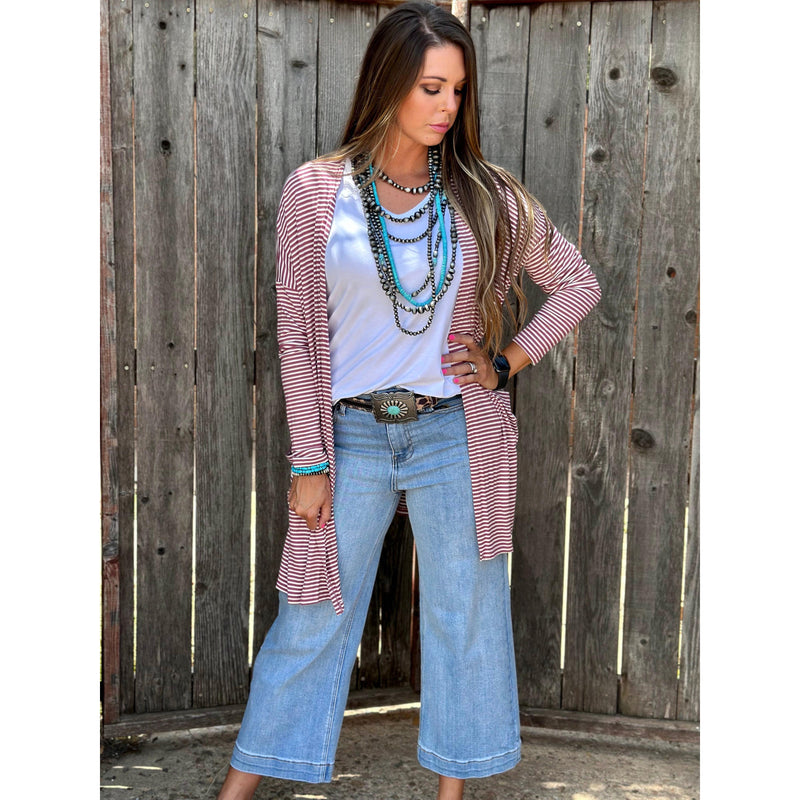 Mauve Striped Mid-Length Cardigan (S-XL)