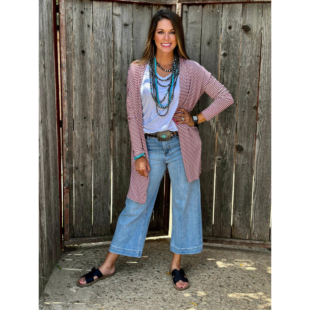 Mauve Striped Mid-Length Cardigan (S-XL)