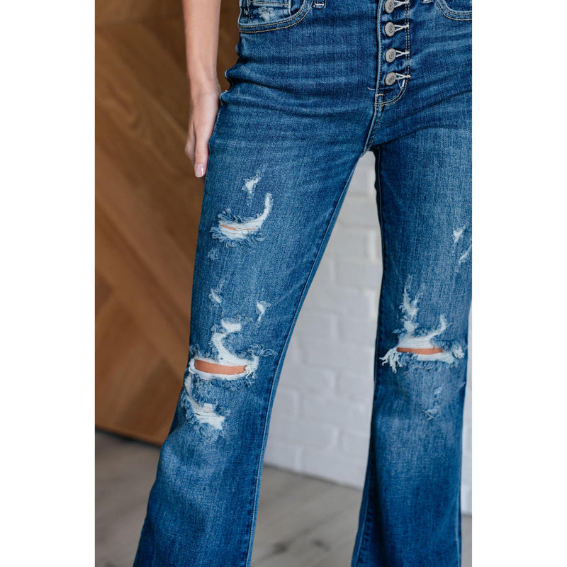 Gabriella Mid Rise Distressed Button Fly Flare Jeans(0-24W)