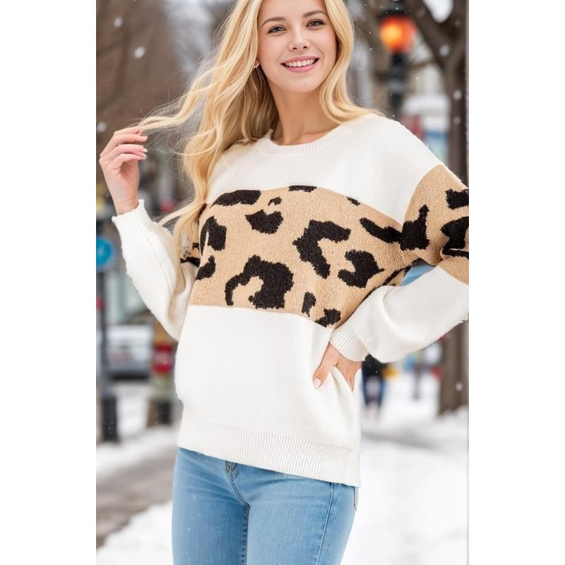 Ivory and Leopard Colorblock Sweater