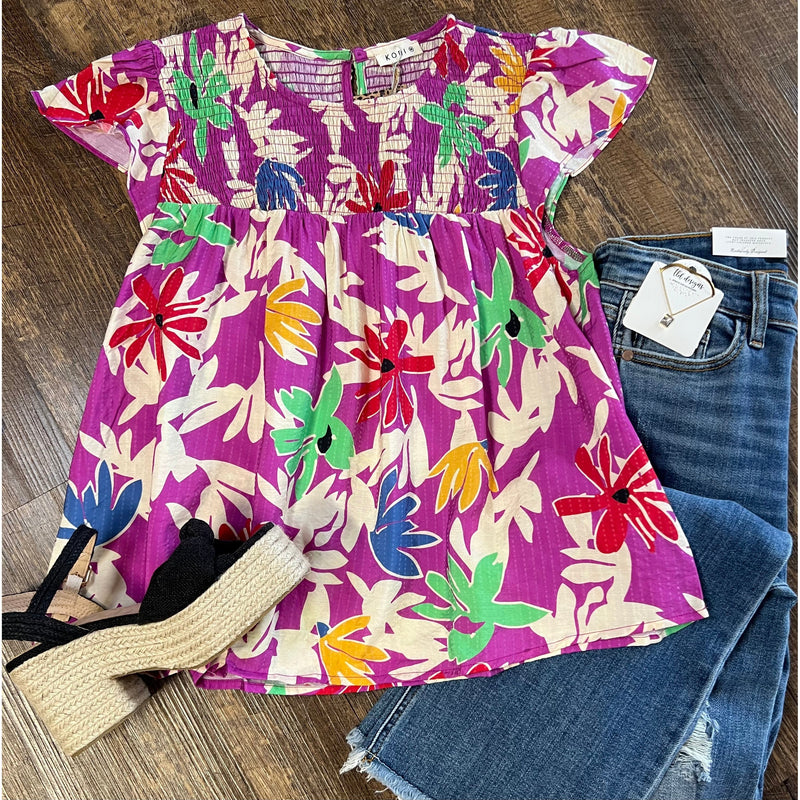 Fall Vibrant Floral Magenta Top