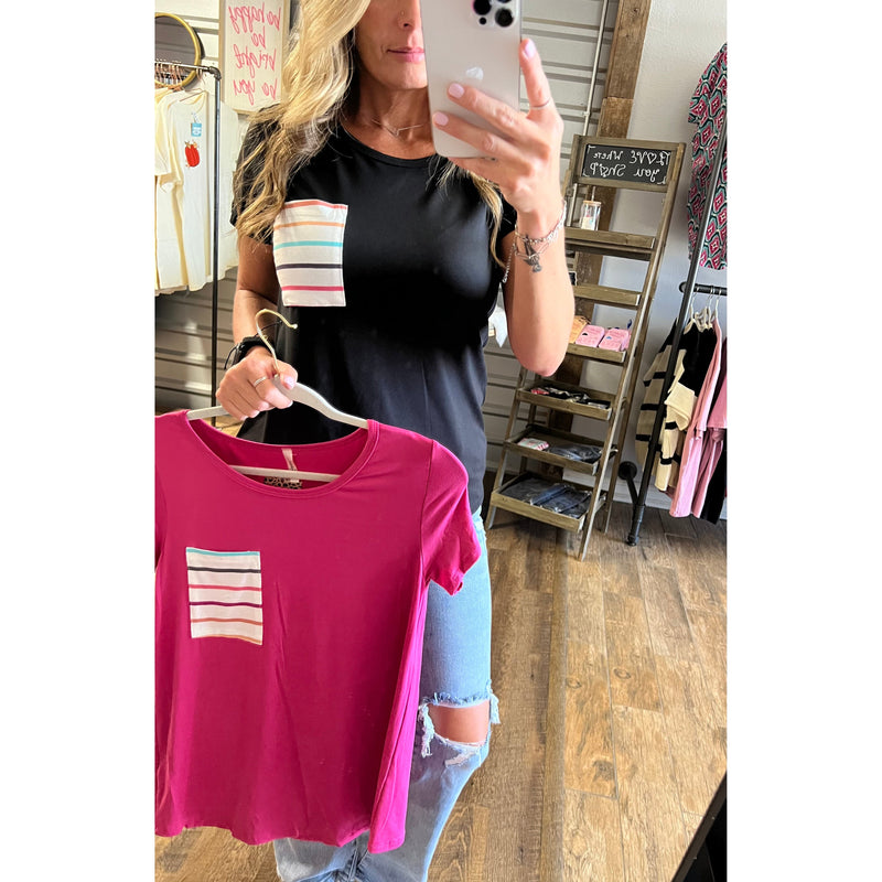 Solid Top with Striped Pocket (Pink or Black)