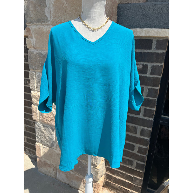 Entro Short Sleeve V Neck Blouse in Teal (XL-2X)