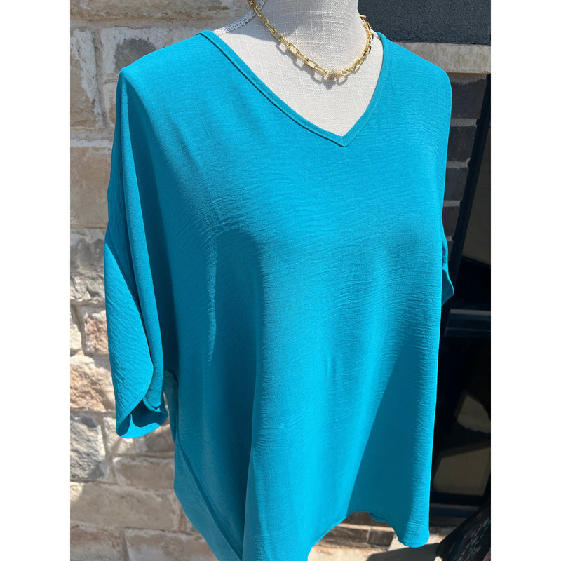 Entro Short Sleeve V Neck Blouse in Teal (XL-2X)