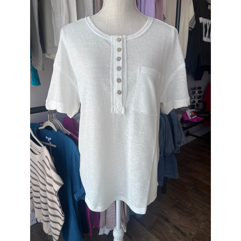 Twisted Sleeve Band Henley Top in WHITE